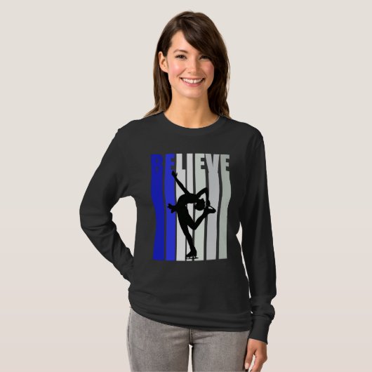 Blue Womens Believe Ice Skating Inspirational Squa Tシャツ (正面フル)