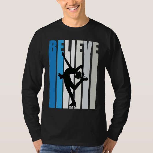 Blue Womens Believe Ice Skating Motivational Retro Tシャツ (正面)