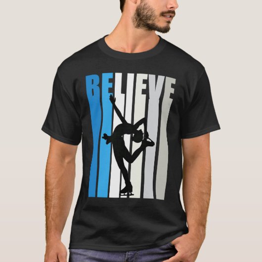 Blue Womens Believe Ice Skating Motivational Retro Tシャツ (正面)