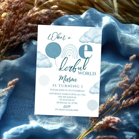 Blue Wonderful World First Birthday Invitation 招待状