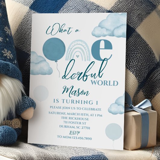 Blue Wonderful World First Birthday Invitation 招待状