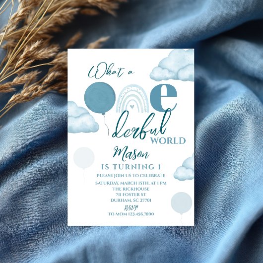 Blue Wonderful World First Birthday Invitation 招待状