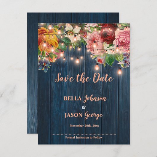 Blue Wood Floral Lights Wedding Save The Date 案内ポストカード (正面/裏面)