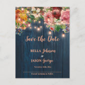 Blue Wood Floral Lights Wedding Save The Date 案内ポストカード (正面)