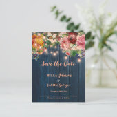 Blue Wood Floral Lights Wedding Save The Date 案内ポストカード (スタンド正面)