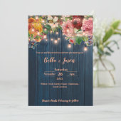 Blue Wood Floral String Lights Rustic Wedding 招待状 (スタンド正面)