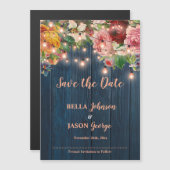 Blue Wood Floral String Lights Save The Date マグネット招待状 (正面/裏面)