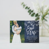 Blue Wood Jar Lightsブラシスクリプト日付の保存 ポストカード (スタンド正面)