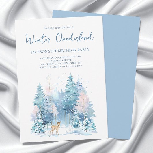 Blue Woodland Winter Wonderland 1st Birthday Party 招待状