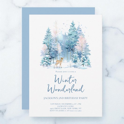 Blue Woodland Winter Wonderland 2nd Birthday Party 招待状