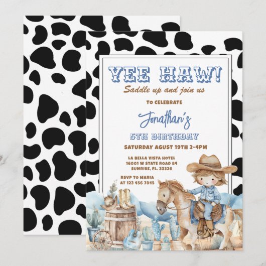 Blue Yee haw! Western Cowboy 5th Rodeo Birthday 招待状 (正面/裏面)