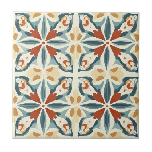 Blue Yellow and Rust Pattern Ceramic Tile タイル (正面)