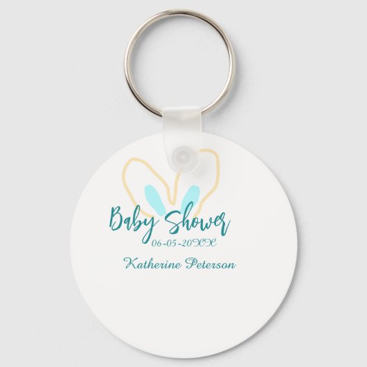 Blue yellow baby shower name date animal ear cute キーホルダー (正面)