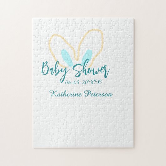 Blue yellow baby shower name date animal ear cute  ジグソーパズル (縦)
