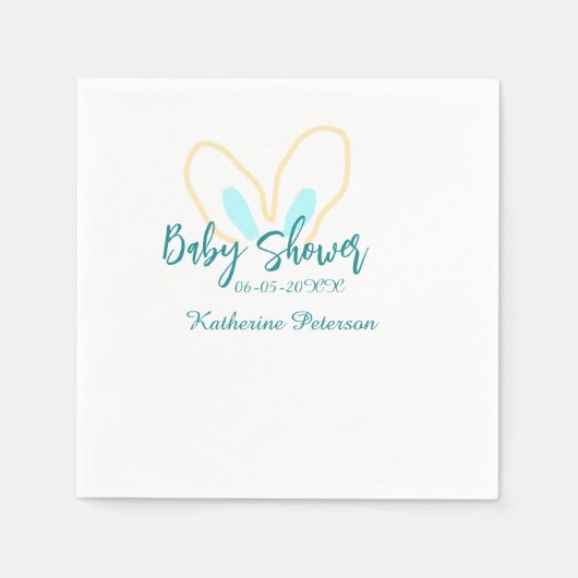 Blue yellow baby shower name date animal ear cute  スタンダードカクテルナプキン (正面)