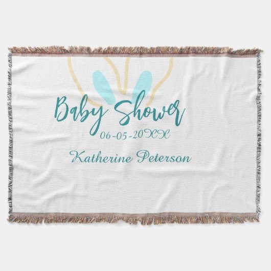 Blue yellow baby shower name date animal ear cute  スローブランケット (正面)