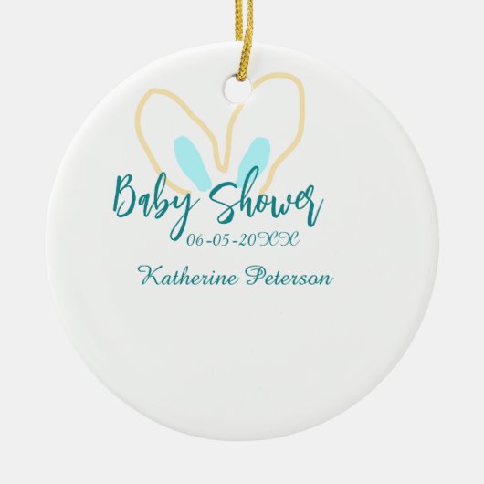 Blue yellow baby shower name date animal ear cute  セラミックオーナメント (正面)