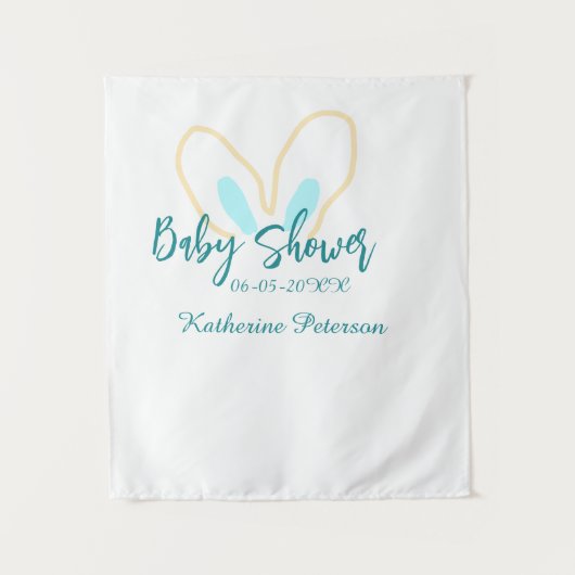 Blue yellow baby shower name date animal ear cute  タペストリー (正面)