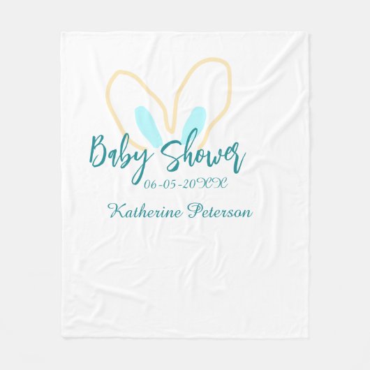 Blue yellow baby shower name date animal ear cute  フリースブランケット (正面)