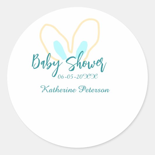 Blue yellow baby shower name date animal ear cute  ラウンドシール (正面)