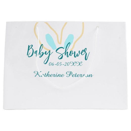 Blue yellow baby shower name date animal ear cute  ラージペーパーバッグ (正面)