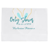 Blue yellow baby shower name date animal ear cute  ラージペーパーバッグ (裏面)