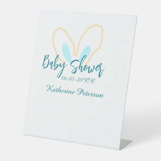 Blue yellow baby shower name date animal ear cute 台座サイン (正面)