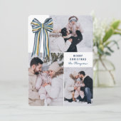 Blue Yellow Big Striped Bow Merry Christmas Photo シーズンカード (スタンド正面)