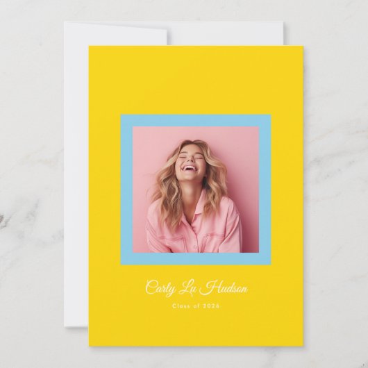 Blue Yellow Bold Minimal High School Photo Grad 案内状 (正面)