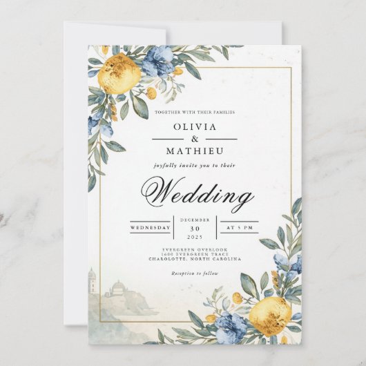 Blue Yellow Botanical Arch Wedding 招待状 (正面)