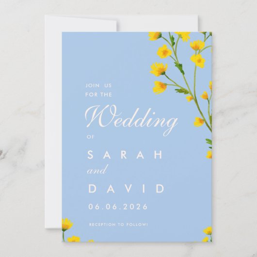 Blue & Yellow buttercup editable wedding 招待状 (正面)
