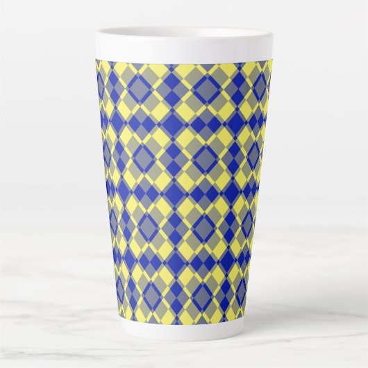 Blue Yellow Checker Argyle Pattern カフェラテマグ (正面)