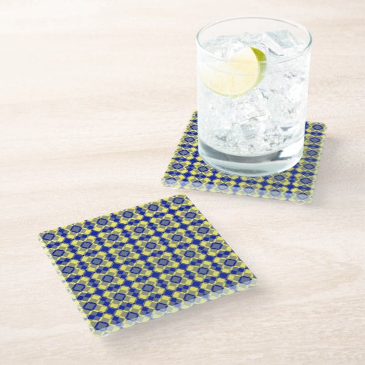 Blue Yellow Checker Argyle Pattern ガラスコースター (アングル)