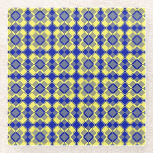 Blue Yellow Checker Argyle Pattern ガラスコースター (正面)