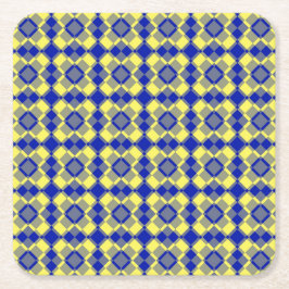 Blue Yellow Checker Argyle Pattern スクエアペーパーコースター