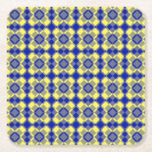 Blue Yellow Checker Argyle Pattern スクエアペーパーコースター (正面)