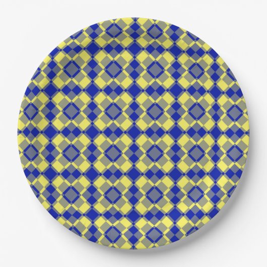 Blue Yellow Checker Argyle Pattern ペーパープレート (正面)