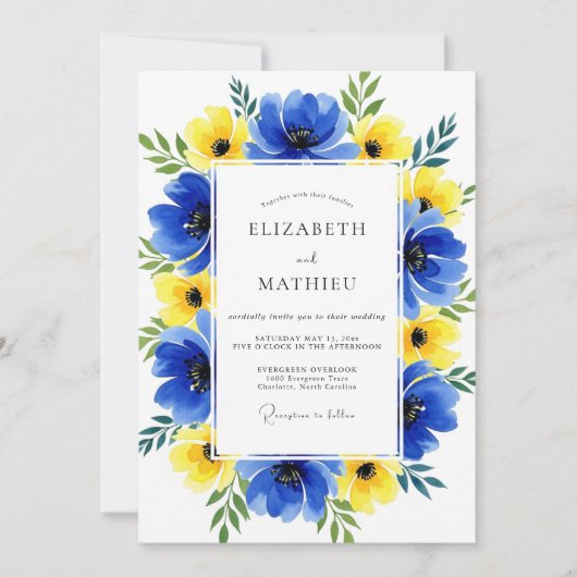 Blue Yellow Floral Whimsy Wedding 招待状 (正面)