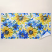 Blue Yellow Flowers Birthday ビーチタオル (正面)