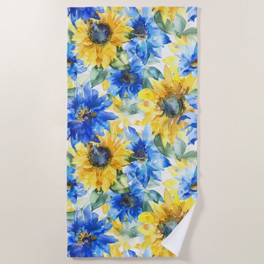 Blue Yellow Flowers Birthday ビーチタオル (正面)