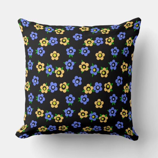 Blue yellow flowers on black background retro クッション (正面)