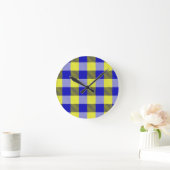 Blue Yellow Gingham Check Design  ラウンド壁時計 (ホーム)