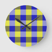 Blue Yellow Gingham Check Design ラウンド壁時計 (正面)
