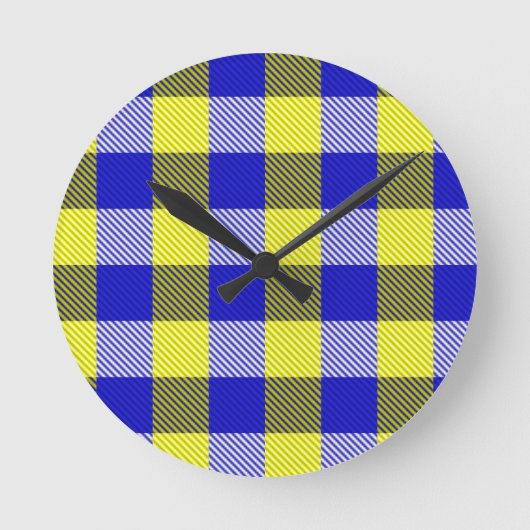 Blue Yellow Gingham Check Design  ラウンド壁時計 (正面)