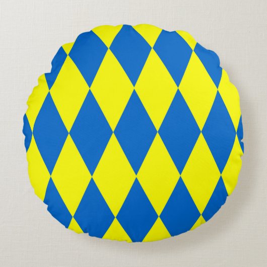 Blue Yellow Harlequin Checkered Design  ラウンドクッション (正面)