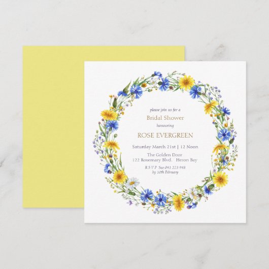 Blue Yellow Lavender Wildflower Wreath  招待状 (正面/裏面)