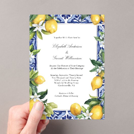 Blue Yellow Lemon Mediterranean Tile Wedding アクリル招待状 (インサイチュ (ポータブル))