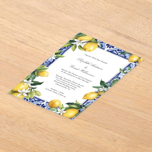 Blue Yellow Lemon Mediterranean Tile Wedding アクリル招待状 (レイダウン)