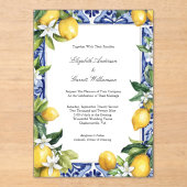 Blue Yellow Lemon Mediterranean Tile Wedding アクリル招待状 (正面)