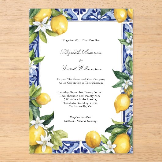 Blue Yellow Lemon Mediterranean Tile Wedding アクリル招待状 (正面)